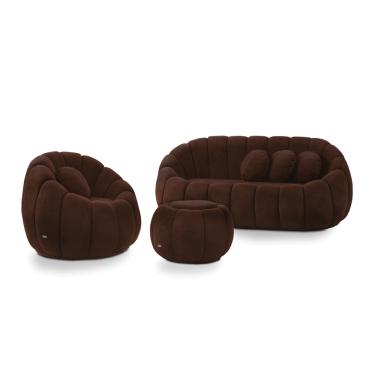 Imagem de Sofá 2 Lugares com Puff e Poltrona Giratória Orgânica Cloud Bouclê Marrom E03 - D'Rossi