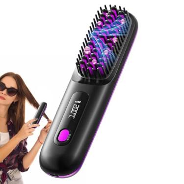 Imagem de Escova alisadora de cabelo portátil sem fio, sem fio, aquecida, 3 configurações de temperatura, pente quente recarregável, alisador de cabelo iônico, escova aquecida para penteados femininos