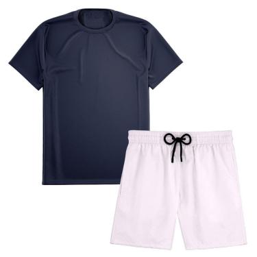 Imagem de Kit Short Praia Academia Passeio Treino Branco + Camiseta Manga Curta Masculina-Masculino