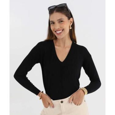 Imagem de Suéter Feminino Decote V Nervura Marisa Preto-52065, Preto, M