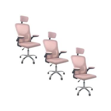 Imagem de Kit 3 Cadeiras De Escritório Oficial Vegas Apoio Rosa Preto - Oficial 