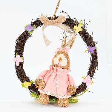 Imagem de Guirlanda de Páscoa Guirlanda Coelha em Palha 28CM Enfeite Decorativo com Coelhinha em...