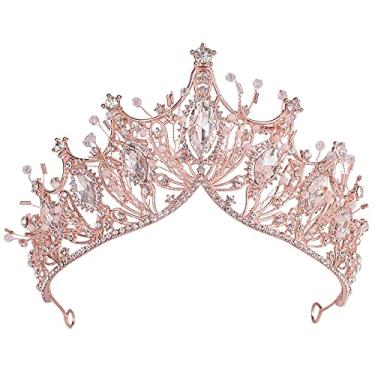 Imagem de Coroa de rainha barroca para noiva de casamento, tiara de cristal de strass feita à mão em ouro rosa e tiara para mulheres - fantasia de festa de Halloween para festas de aniversário, acessórios de cabelo Yolmina