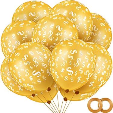 Imagem de 50 peças de decoração temática de balões de látex dourado com 2 rolos de fitas douradas para aniversários, casamentos, aposentadoria, chás de bebê, decoração de aniversário, 30 cm
