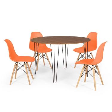Imagem de Conjunto Mesa de Jantar Redonda Hairpin 120cm Natural com 4 Cadeiras Eames Eiffel - Laranja