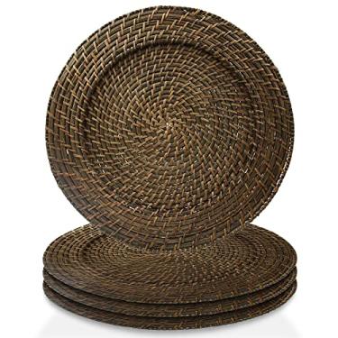 Imagem de Conjunto de 4 pratos decorativos de serviço ChargeIt by Jay Round Rattan Chargers para casa, jantar fino profissional perfeito para eventos e jantares, Rodada, Brick Brown, 13" " x 13" " x 0.5", 4