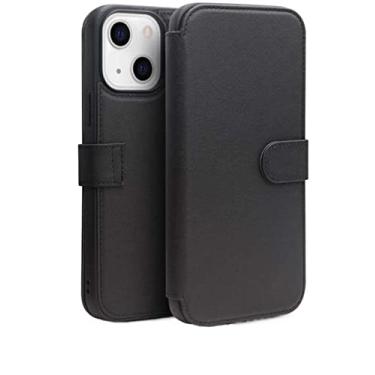 Imagem de KOSSMA Capa de telefone carteira de couro genuíno, para Apple iPhone 13 (2021) 6,1 polegadas botão magnético folio capa à prova de choque [porta-cartão] (Cor: Preto)