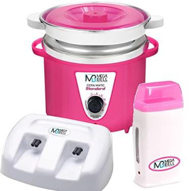 Imagem de Termocera Panela Depilação Toda Rosa 900g c/Refil + Base Dupla c/ 1 Rollon Branco c/Rosa Mega Bell