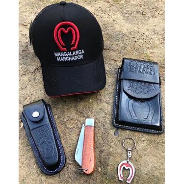 Imagem de Kit country de couro legitimo com 5 peças - boné mangalarga, capinha de celular, canivete, bainha de canivete, e chaveiro mangalarga todos com materiais super resistentes (Preto)