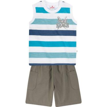 Imagem de Conjunto Bebê Brandili Camiseta Regata e Bermuda - Em Malha Flamê Devorê e Sarja  - Azul e Marrom