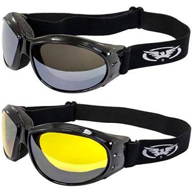 Imagem de Global Vision 2 pares de óculos acolchoados Eliminator para motociclismo ANSI Z87.1 armação preta antiembaçante espelho flash e lentes espelhadas amarelas