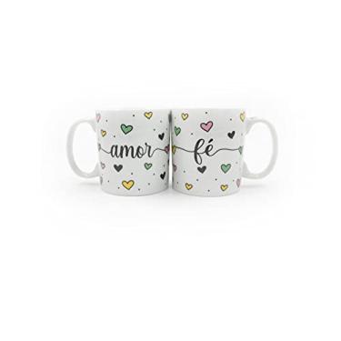 Imagem de Caneca Chocolate Xícara Café Kit 2 Amor e Fé Porcelana Linda