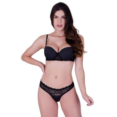 Imagem de Conjunto fio sensual com bojo e arco em poliamida lisa e renda preto