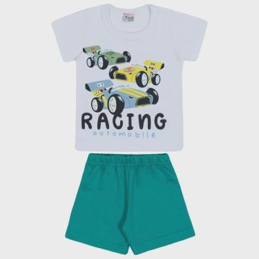 Imagem de Conjunto curto bebê camiseta branca estampada carro e shorts em moletinho verde liso