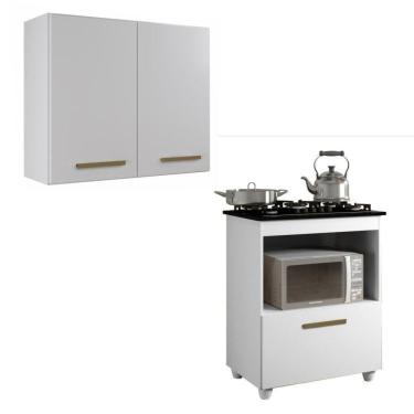 Imagem de Conjunto Armário Aéreo de Cozinha 2 Portas e Balcão para Cooktop 5 bocas 1 Porta 1 Nicho Branco