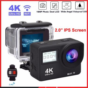 Imagem de 4K Ultra HD Ação Câmera Dupla LCD 2 "IPS Wi-F 16MP 30M Go Impermeável Pro Sport DV Capacete Câmera