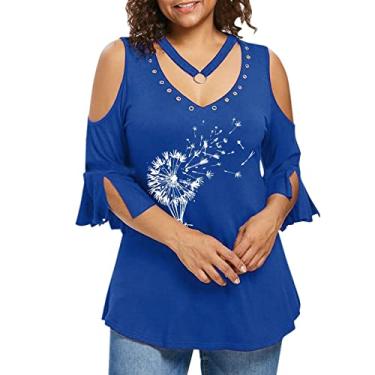 Imagem de Camisetas femininas com gola V, manga curta, meio sino, ombros vazados, recortadas, blusas femininas 2024, O-147 Azul royal, 5X-Large