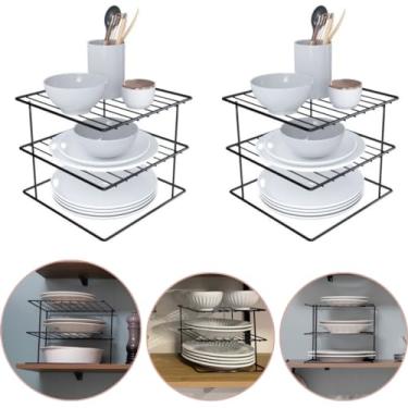 Imagem de Kit 2 Organizadores de Pratos Suporte Quadrado Organizador de Armário Cozinha Cantoneira Preto Plana Store