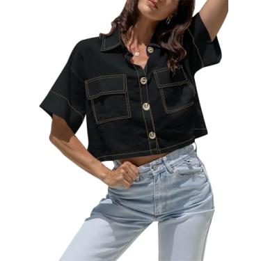 Imagem de Tankaneo Camisetas femininas cropped de botão de manga curta casual cropped blusas com gola e bolsos no peito, Preto, GG