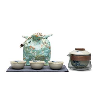 Imagem de SILINE Requintado conjunto de chá Gaiwan de cerâmica, infusor de porcelana, xícaras de chá Kungfu, copo de compartilhamento e tapete, portátil para casa, negócios, atividades ao ar livre, hotel (azul)