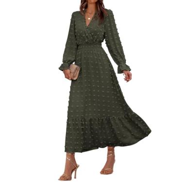 Imagem de BTFBM Vestidos femininos de outono 2023 manga longa decote em V com pontos suíços maxi vestido boho longo cintura alta evasê vestido de babados, Verde-militar sólido, M