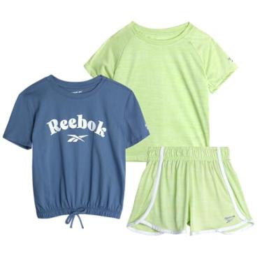 Imagem de Reebok Conjunto de shorts ativos para meninas – Camiseta de manga curta de 3 peças, regata e shorts de ginástica – Conjunto casual para meninas (7-12), Pistache cítrico, 8