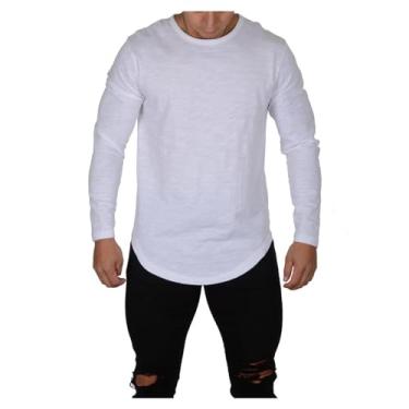 Imagem de Camisa esportiva masculina manga longa cor sólida camiseta atlética gola redonda slim fit, Branco, XG