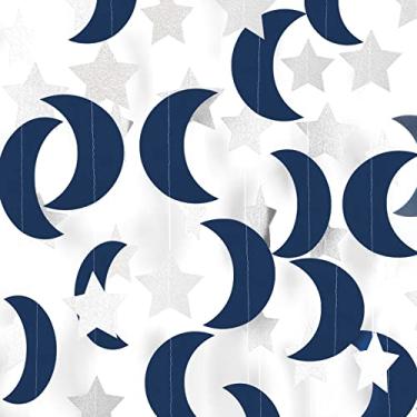 Imagem de Guirlanda de decoração de festa azul marinho prata com lua e estrela - 1,52 m cintilante pequena estrela pendurada faixa de flâmulas, decoração Eid Ramadan Mubarak aniversário, casamento, chá de bebê, festa, panduola