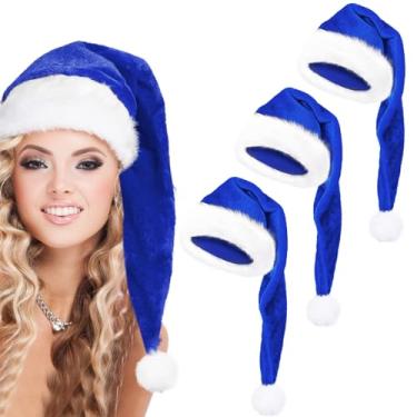 Imagem de zzhxkjhky Pacote com 3 chapéus de veludo longo de Natal, chapéu de veludo de Papai Noel, chapéu de pelúcia longo de luxo para homem e mulher, festa de família de Natal, decoração de Natal para chapéu de Papai Noel de luxo colorido (3, azul)