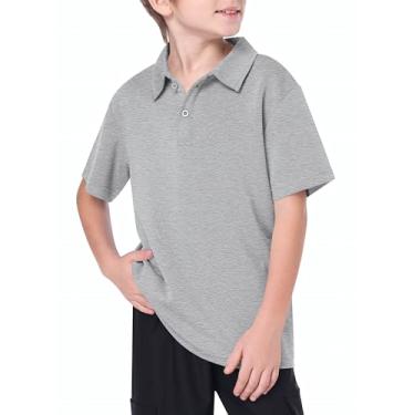 Imagem de HOOGRIN Conjunto de camisa polo e shorts de manga curta de cor sólida para meninos de 6 a 15 anos, Camisa polo cinza, 14-15 Years
