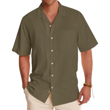 Imagem de Alimens & Gentle Camisas masculinas de linho camisas de manga curta com botões casuais verão praia tops algodão camisas havaianas, Verde oliva, 3G