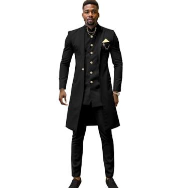 Imagem de Terno masculino slim fit com corrente de peito único blazer calça 3 peças roupa de casamento de linho roupas africanas, Preto, Small
