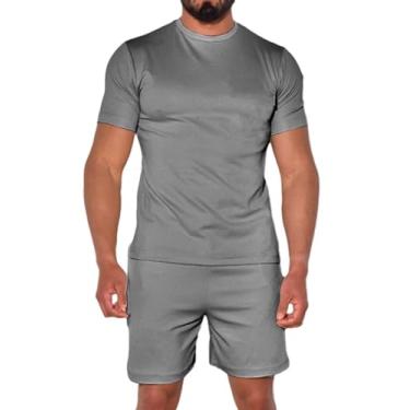 Imagem de Uni Clau Conjunto masculino de 2 peças, camiseta de verão e short para praia, muscular, treino de férias, Cinza, GG