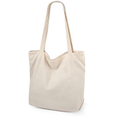 Imagem de Iioscre Bolsa feminina de veludo cotelê, Hobo com zíper, bolsa de ombro casual de grande capacidade com bolsos internos, Bege, Large, Lazer / moda / grande capacidade / veludo cotelê vintage