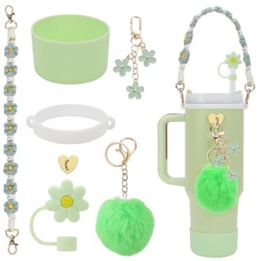 Imagem de Conjunto de acessórios para copos Stanley, 1 alça de garrafa de água, 1 capa de silicone de copo, 1 capa de silicone de canudo, 2 pingentes Stanley para copo Stanley de 1,2 L e copo de 887 ml (verde)