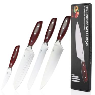 Imagem de LUMAI Conjunto de Facas Valencia 4 Peças Aço Inoxidável 3CR13, Lâminas Afiadas e Cabo de Madeira Avermelhado, Inclui Faca do Chef, Santoku, Pão e Descascar, Facas Resistentes para Cozinha e Churrasco