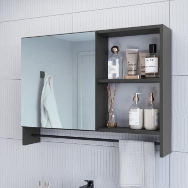 Imagem de Armário Espelheira para Banheiro com 1 Porta 1 Toalheiro e Nichos Grafite