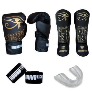 Imagem de Kit Muaythai Kickboxing Luva Bandagem Bucal Caneleira Egito - Round Fi