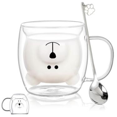 Imagem de Binoster Bear Cute Mugs Kawaii parede dupla vidro café chá copo iogurte novidade engraçada presente para mulheres seus amigos escritório aniversário Natal (urso com alça)