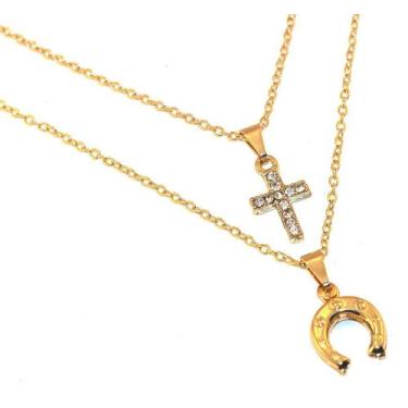 Imagem de Colar Country Duplo Crucifixo Ferradura Folheado Ouro 18k - Milena Fol