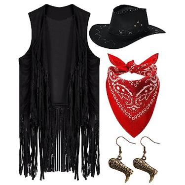 Imagem de Xtinmee Conjunto de 4 peças de roupas de vaqueira feminina, colete de borla, chapéu de caubói, brincos pendentes, bandana Paisley para vestido ocidental, Preto, GG