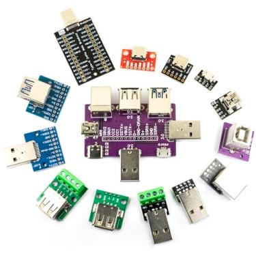 Imagem de yddmyo Kit de placa de breakout USB 14 peças Tipo A 2.0 3.0 B C Mini Micro USB macho conector fêmea e placa de breakout USB 8 em 1
