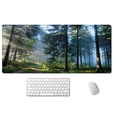 Imagem de SSOIU Mouse pad estendido para jogos XXL ArtSo Large Tapete de teclado longo Mousepad para decoração de mesa almofada de escrita base de borracha antiderrapante bordas costuradas para trabalho, jogos, escritório, casa, 90 cm x 40 cm, manhã floresta
