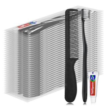 Imagem de Lilingsty Escova de Dentes Descartável e Pasta de Dentes para Viagem, com Pente, Embalado Individualmente, 2 Cores, Adequado para Hotel, 30 Conjuntos, Preto