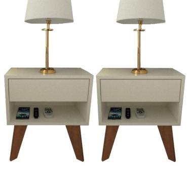 Imagem de Kit 2 Mesas De Cabeceira 1 Gaveta 40 Cm Mdf Branco Com Pés