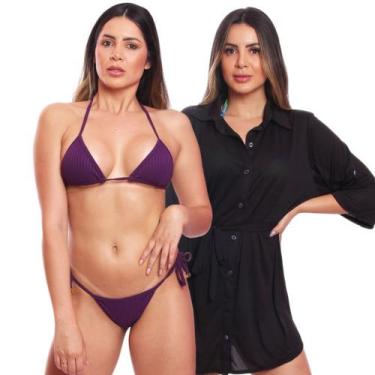 Imagem de Kit Saída de Praia Chemise Camisão Feminino + Biquini Cortininha de Am