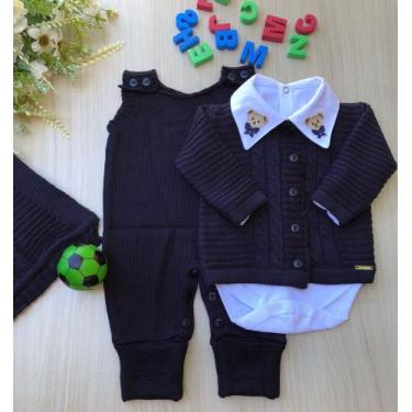 Imagem de Saída de maternidade de menino em tricot 4 peças urso gravata - Dinhos