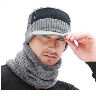 Imagem de Kit Boné Boina Gorro Cachecol Beanie Forrada Lã Inverno, Único, Cinza 