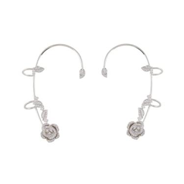 Imagem de Brincos femininos de pressão com gancho sem piercing rosa flor de orelha clipe de osso borboleta 2 peças, Zinco, Zircônia