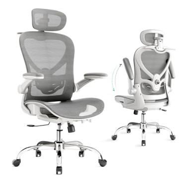 Imagem de LarkLeaves Cadeira de Escritorio com Encosto de Cabeça 3D, Cadeira Ergonomica com Cabide, Cadeira Executiva com Suporte Lombar 2D e Braços Rebatíveis, Assento e Encosto de Malha, Cinza